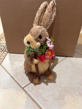 Michaels Brown Straw Bunny with Pink & Red Flower Bouquet